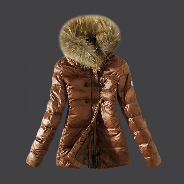 Moncler Donna Giù cappotto collo di pelliccia marrone Saldi M10192